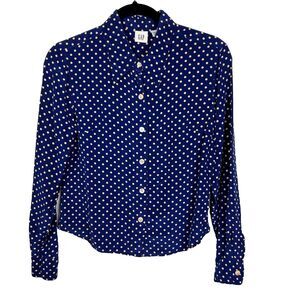 Gap 100% Silk Button Down Top Blouse Navy Blue White Polka Dot Print Women's S